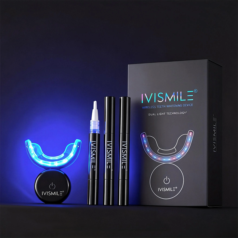 IVISMILE Dental Costume Blue and Red Therapy Private Label Home Mouth Tray Wireless LED Professional Teeth Whitening Kit
