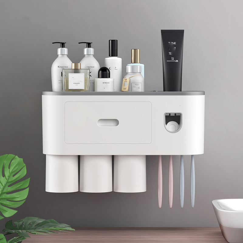 Fashion Bathroom Creative Plastic Automatic Toothpaste Dispenser Squeezer Kit 2 Cup Magnetic Wall Mounted Toothbrush Holder Rack