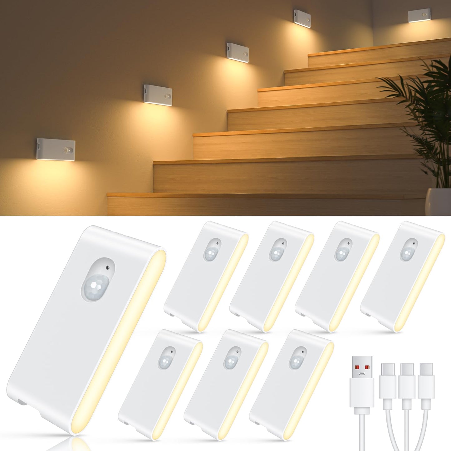 Smart LED Night Light Modern Backlit Warm for Bedroom Bathroom Hallway Kitchen Stairway Dimmable USB Rechargeable