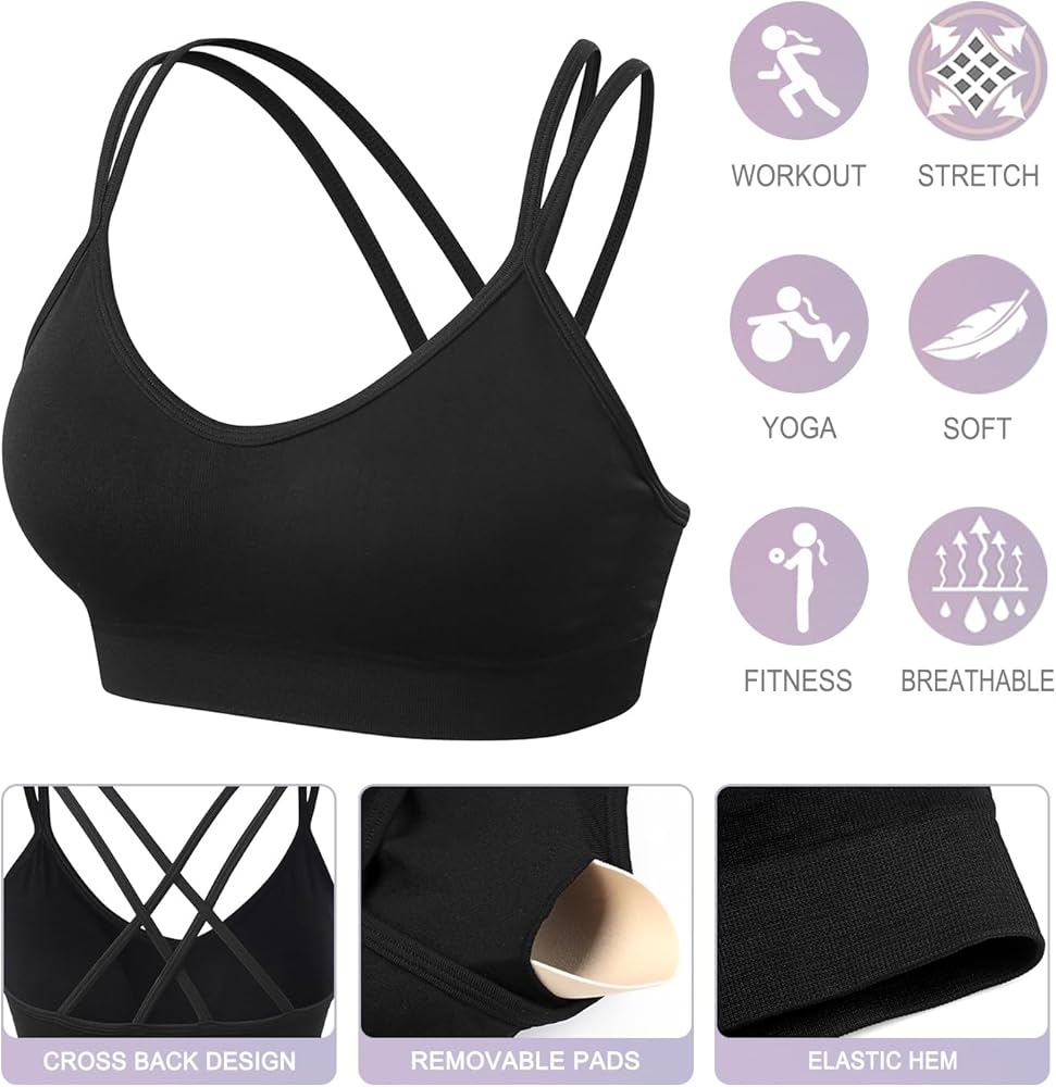 High Neck Cross Back Sports Bra for Women, Padded Yoga Bra with Wide Straps, Medium Support for Pilates, Running, Training & Gym