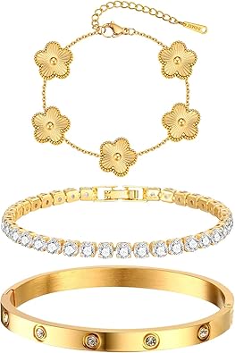 Womens Stackable Floral Gold Bracelets - 3Pcs 18K Gold Plated Bracelet,Stainless Steel Bangle Bracelets Non Tarnish, Gold Bracelet Set Trendy Jewelry,Christmas Valentines Birthday Gifts for Girlfriend