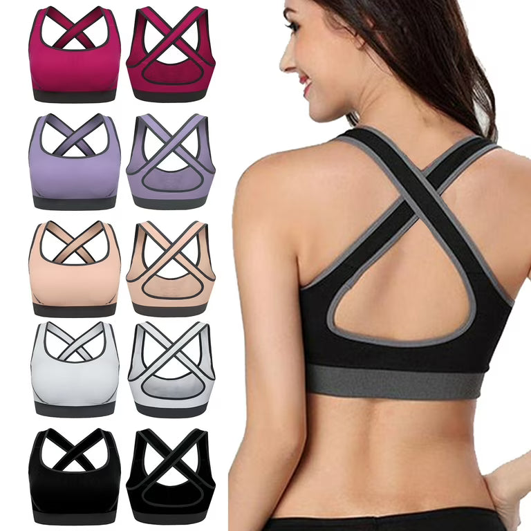 High Neck Cross Back Sports Bra for Women, Padded Yoga Bra with Wide Straps, Medium Support for Pilates, Running, Training & Gym