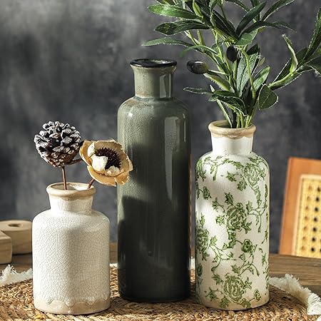 Vintage Vase Set of 3, Ceramic Vintage Flower Vases, Chinoiserie Decorative Home Decor Retro Floral Vase Rustic Farmhouse Decor for Table Bookshelf Mantel Kitchen Living Room Office - Green and Beige