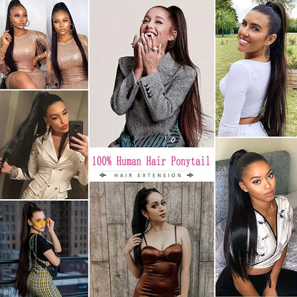 Straight Ponytail Human Hair Extensions With Clip In Drawstring Ponytail Straight Brazilian Ponytail For Women Natural Black #1B