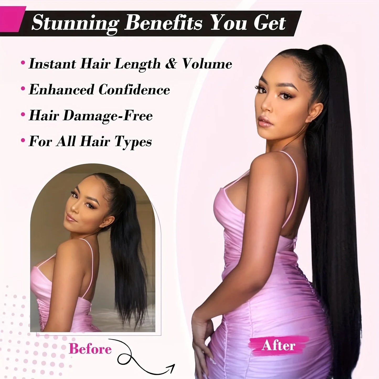 Straight Ponytail Human Hair Extensions With Clip In Drawstring Ponytail Straight Brazilian Ponytail For Women Natural Black #1B