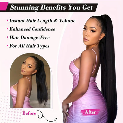 Straight Ponytail Human Hair Extensions With Clip In Drawstring Ponytail Straight Brazilian Ponytail For Women Natural Black #1B
