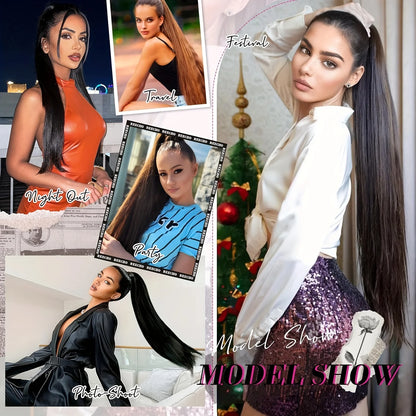 Straight Ponytail Human Hair Extensions With Clip In Drawstring Ponytail Straight Brazilian Ponytail For Women Natural Black #1B