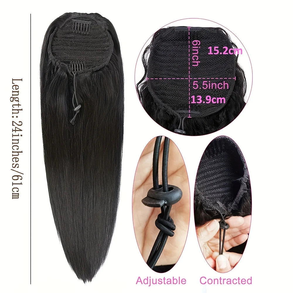 Straight Ponytail Human Hair Extensions With Clip In Drawstring Ponytail Straight Brazilian Ponytail For Women Natural Black #1B