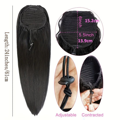 Straight Ponytail Human Hair Extensions With Clip In Drawstring Ponytail Straight Brazilian Ponytail For Women Natural Black #1B