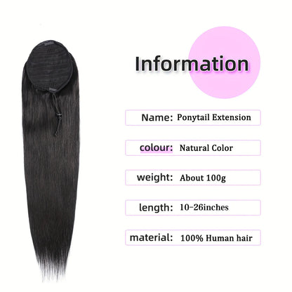 Straight Ponytail Human Hair Extensions With Clip In Drawstring Ponytail Straight Brazilian Ponytail For Women Natural Black #1B