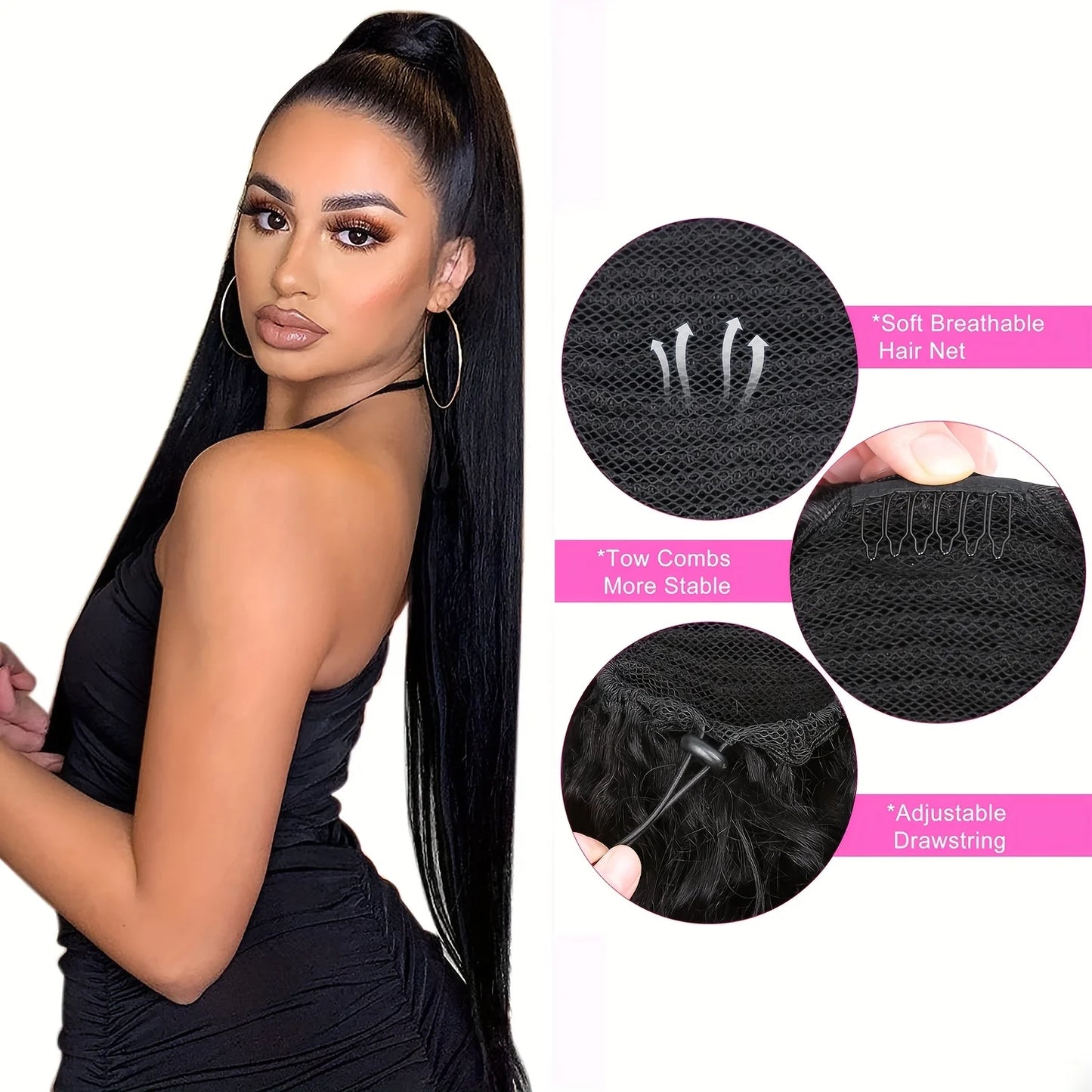 Straight Ponytail Human Hair Extensions With Clip In Drawstring Ponytail Straight Brazilian Ponytail For Women Natural Black #1B