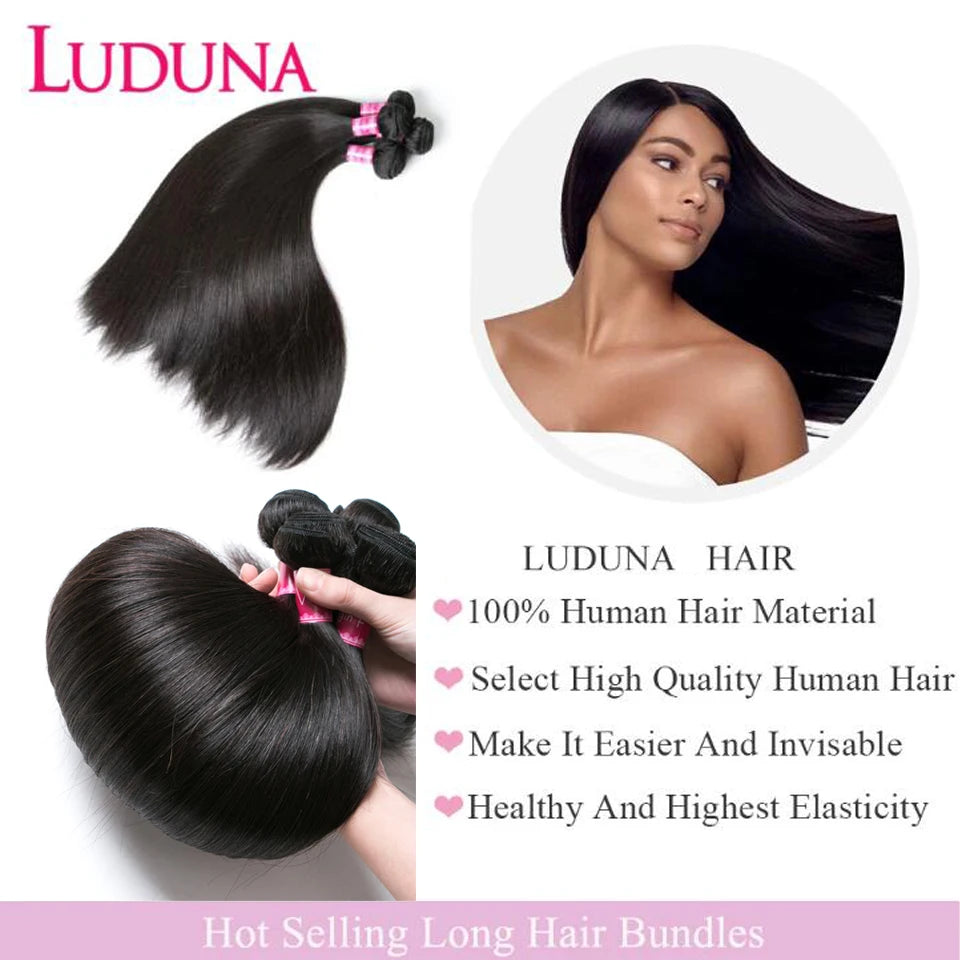 Luduna Straight Bundles Human Hair Brazilian Human Hair Bundles Remy Extensions 1/3/4 Bundle Deal Weave Double Weft Hair Weaving
