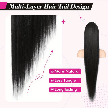Straight Ponytail Human Hair Extensions With Clip In Drawstring Ponytail Straight Brazilian Ponytail For Women Natural Black #1B