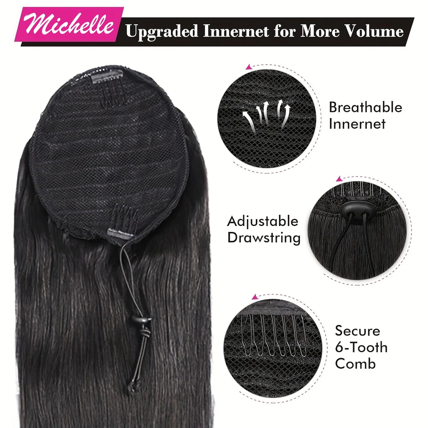 Straight Ponytail Human Hair Extensions With Clip In Drawstring Ponytail Straight Brazilian Ponytail For Women Natural Black #1B
