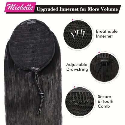 Straight Ponytail Human Hair Extensions With Clip In Drawstring Ponytail Straight Brazilian Ponytail For Women Natural Black #1B