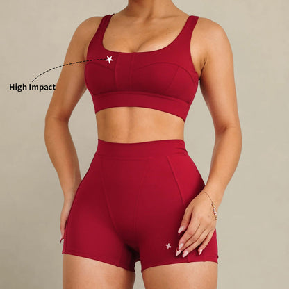 Custom Logo Women's Gym Workout Set Wide Strap Supportive Sports Bra High Waist Butt Lifting Shorts Yoga Activewear