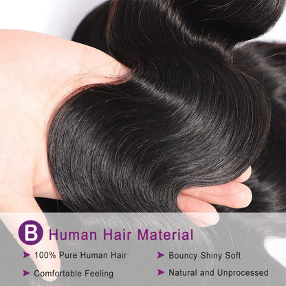 28 32" Body Wave Human Hair Bundle with Closure Frontal HD Transparent Lace Closure And Bundle 100% Virgin Human Hair Extension