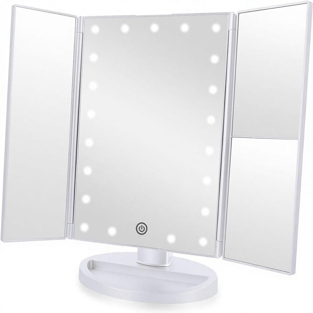 Flymiro Tri-fold Lighted Vanity Makeup Mirror 3x/2x Magnification Touch Screen 21 LEDs 180 Rotation Plastic Frame Mirror