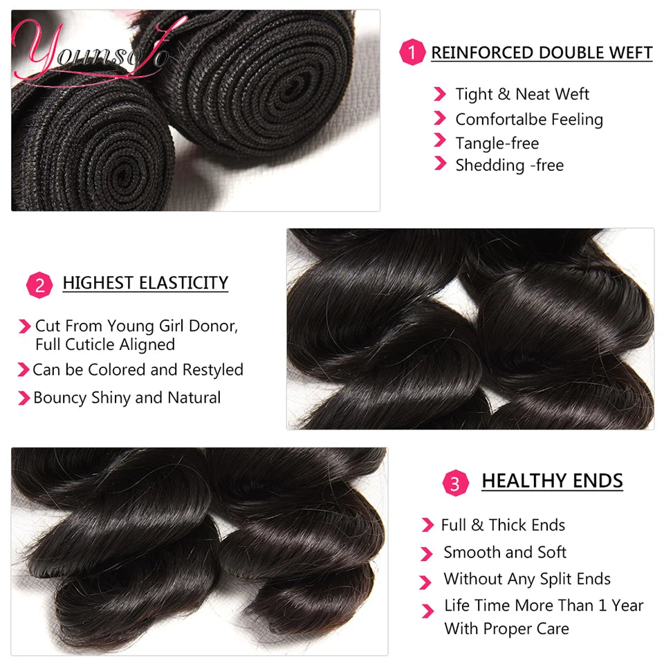 Younsolo Human Hair Loose Wave Bundles With Closure Brazilian Human Hair 3/4 Bundles With Lace Closure Loose wave Hair Extension