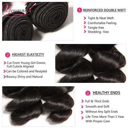 Younsolo Human Hair Loose Wave Bundles With Closure Brazilian Human Hair 3/4 Bundles With Lace Closure Loose wave Hair Extension