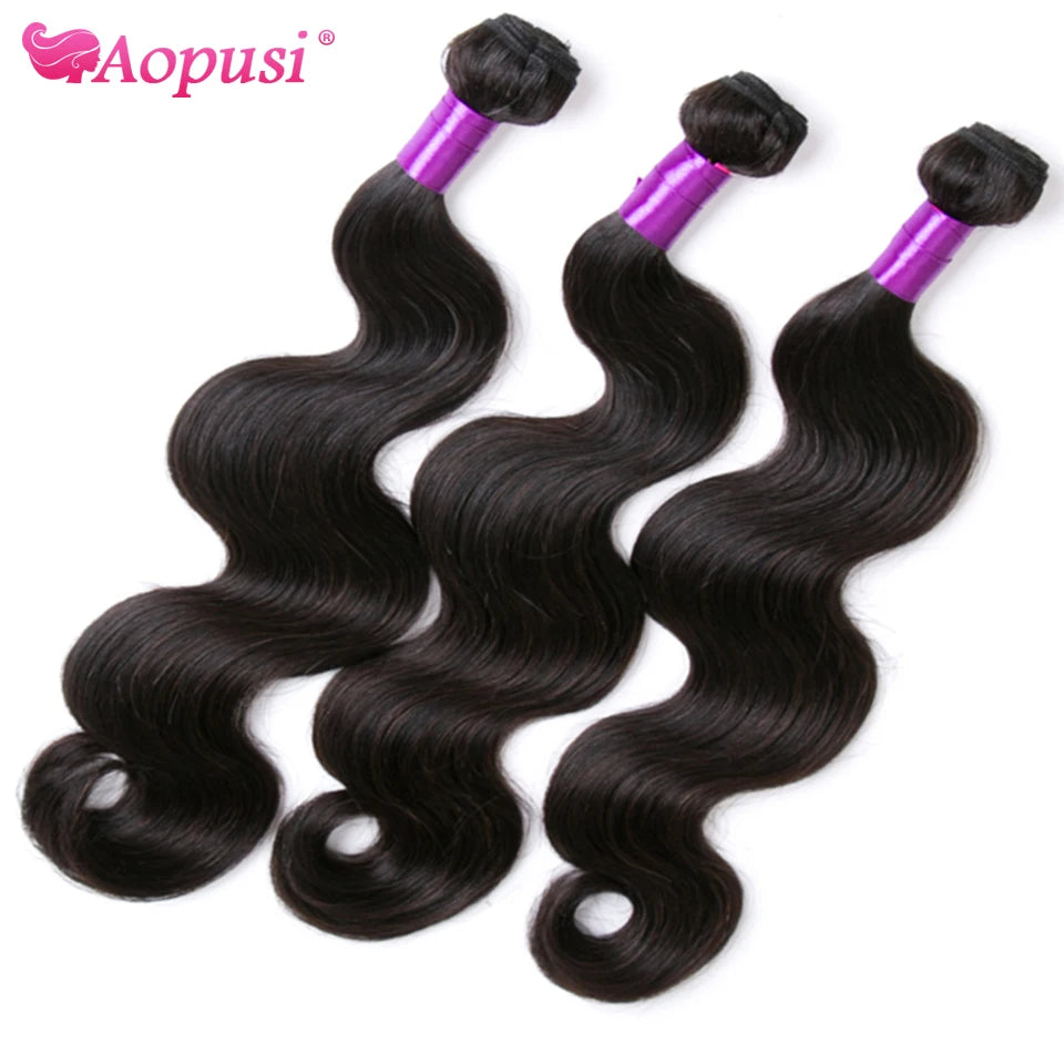 Aopusi Body Wave Bundles With Closure Brazilian Human Hair Weave Bundles With Closure Hair Extension 3/4 Bundles With Closure