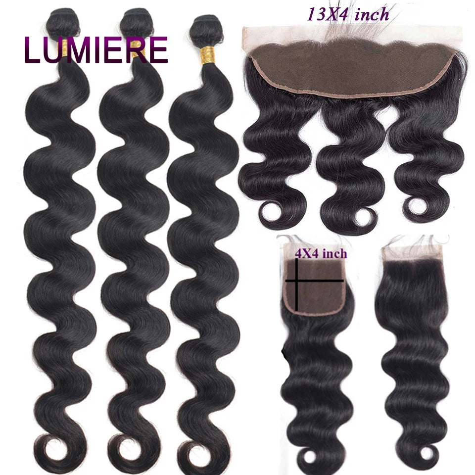 28 32" Body Wave Human Hair Bundle with Closure Frontal HD Transparent Lace Closure And Bundle 100% Virgin Human Hair Extension