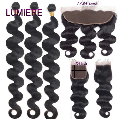 28 32" Body Wave Human Hair Bundle with Closure Frontal HD Transparent Lace Closure And Bundle 100% Virgin Human Hair Extension