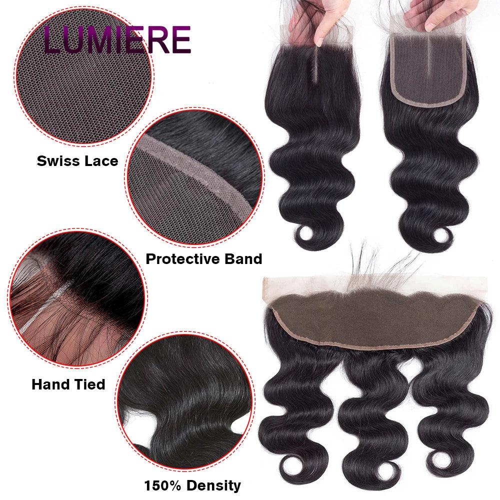 28 32" Body Wave Human Hair Bundle with Closure Frontal HD Transparent Lace Closure And Bundle 100% Virgin Human Hair Extension