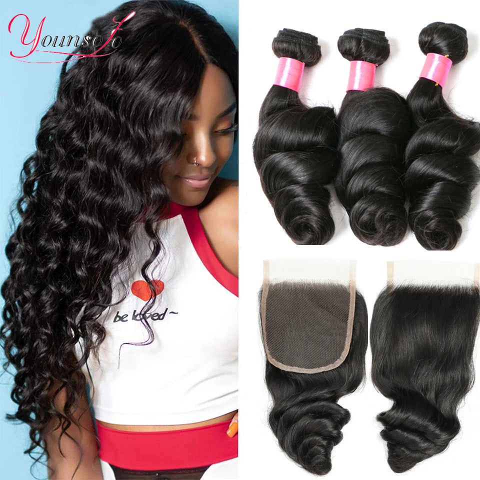 Younsolo Human Hair Loose Wave Bundles With Closure Brazilian Human Hair 3/4 Bundles With Lace Closure Loose wave Hair Extension
