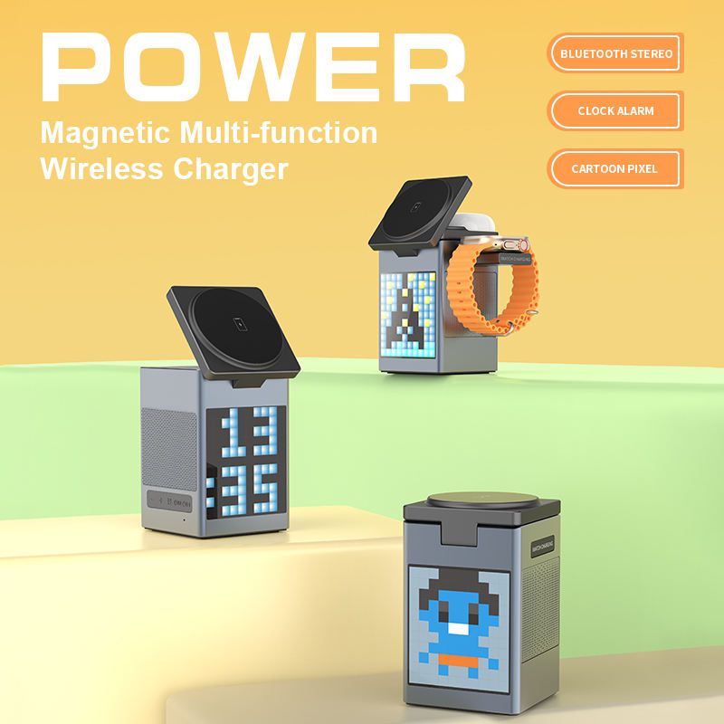 2025 Trending Product 6-in-1 Pixel Animation BT Speaker Alarm Clock Multifunctional Magnetic Phone Wireless Charger Stand