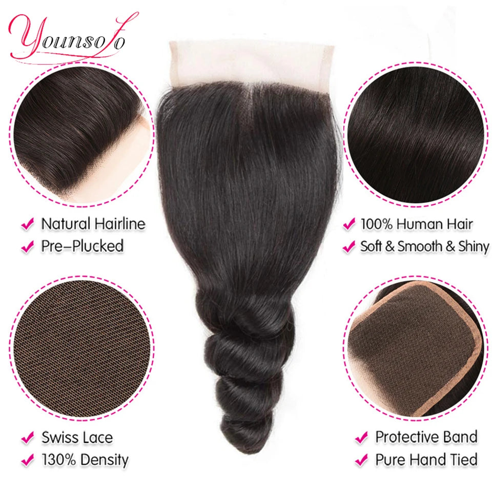 Younsolo Human Hair Loose Wave Bundles With Closure Brazilian Human Hair 3/4 Bundles With Lace Closure Loose wave Hair Extension