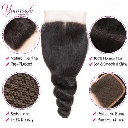 Younsolo Human Hair Loose Wave Bundles With Closure Brazilian Human Hair 3/4 Bundles With Lace Closure Loose wave Hair Extension