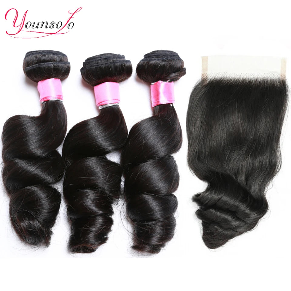 Younsolo Human Hair Loose Wave Bundles With Closure Brazilian Human Hair 3/4 Bundles With Lace Closure Loose wave Hair Extension
