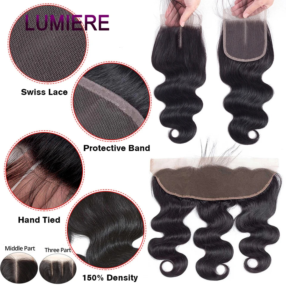 28 32" Body Wave Human Hair Bundle with Closure Frontal HD Transparent Lace Closure And Bundle 100% Virgin Human Hair Extension