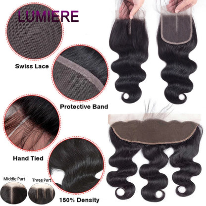 28 32" Body Wave Human Hair Bundle with Closure Frontal HD Transparent Lace Closure And Bundle 100% Virgin Human Hair Extension