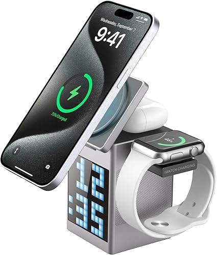 Popular 2025 Magnetic PD Wireless Charger 6-in-1 Station Speaker Alarm Clock Phone Earphones Watch-360 Rotation Type-C Port