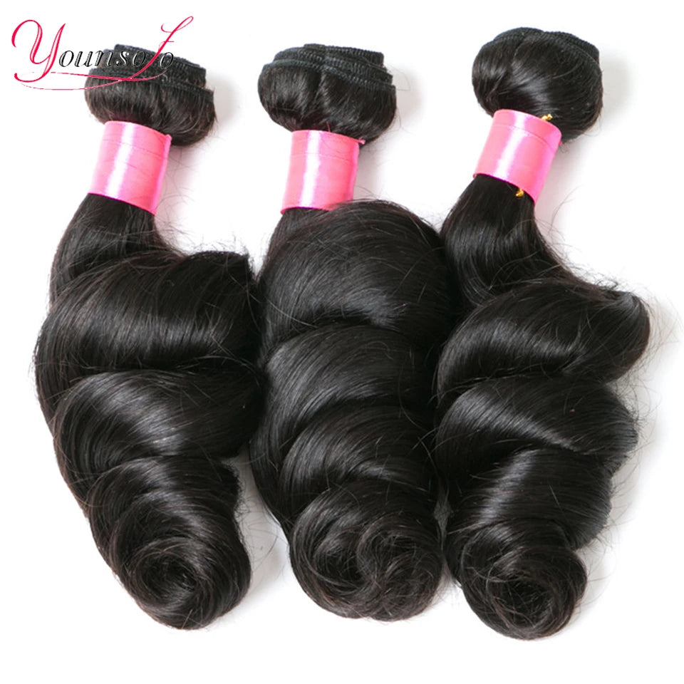 Younsolo Human Hair Loose Wave Bundles With Closure Brazilian Human Hair 3/4 Bundles With Lace Closure Loose wave Hair Extension