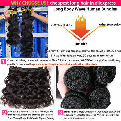 Beaufox Body Wave Bundles Brazilian Hair Weave Bundles 1/3/4 PCS Human Hair Bundles Natural /Jet Black 8-30"Remy Hair Extensions