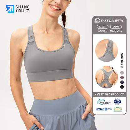 High Quality Women's Sports Bra Shockproof Cross Back Buckle Yoga Running Fix Cup Breathable High for Impact Fitness Workout Top