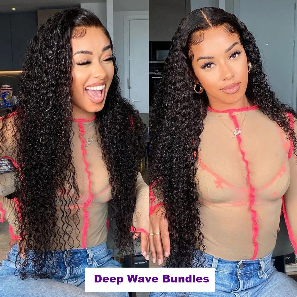 Deep Wave Human Hair Bundles with Closure 4x4 13x4 HD Lace Brazilian Remy Unprocessed Weaving Curly Hair Bundles Extensions Deal