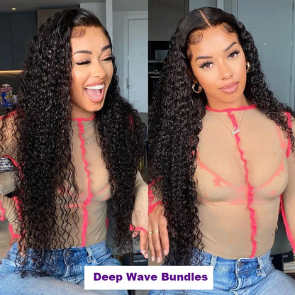 Deep Wave Human Hair Bundles with Closure 4x4 13x4 HD Lace Brazilian Remy Unprocessed Weaving Curly Hair Bundles Extensions Deal