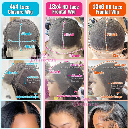 Princess 13x4/13x6 HD Transparent Lace Front Human Hair Wigs PrePlucked 4x4 Closure Wig Brazilian Straight Lace Frontal Wig