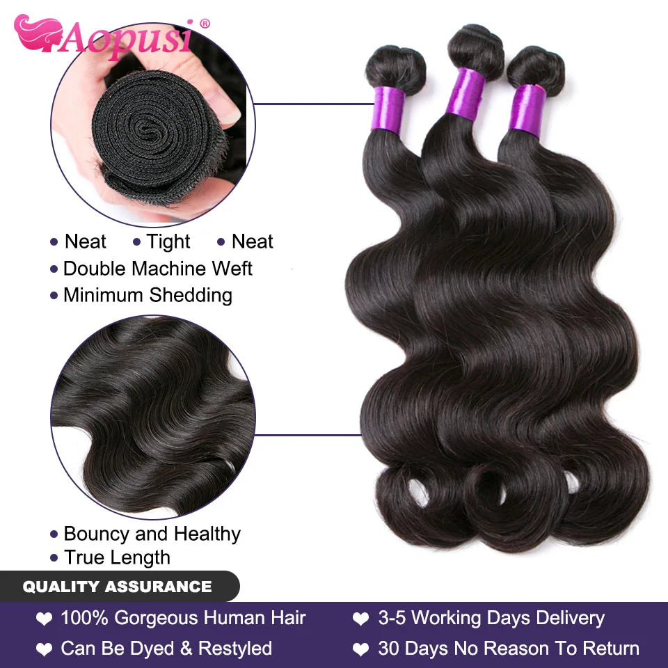 Aopusi Body Wave Bundles With Closure Brazilian Human Hair Weave Bundles With Closure Hair Extension 3/4 Bundles With Closure