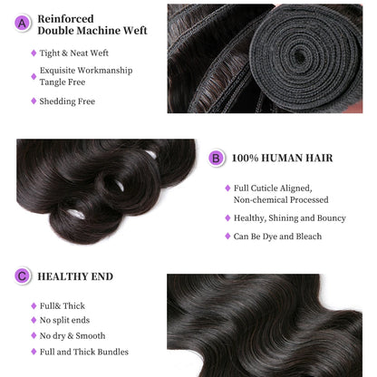 Aopusi Body Wave Bundles With Closure Brazilian Human Hair Weave Bundles With Closure Hair Extension 3/4 Bundles With Closure