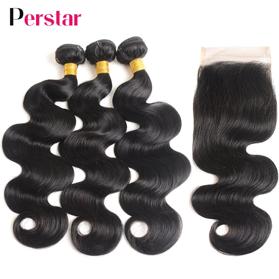 Perstar Human Hair Bundles With Closure Brazilian Body Wave Bundles With Closure Human Hair Weave Extensions 3/4 Bundles Remy