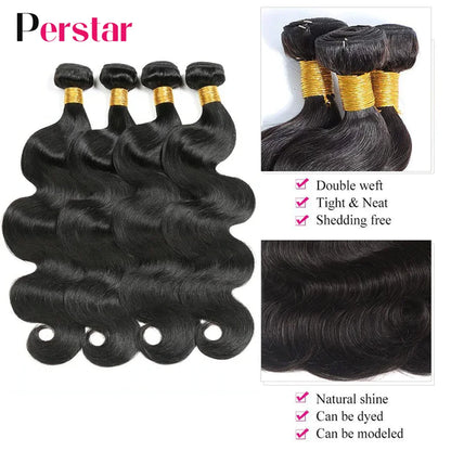 Perstar Human Hair Bundles With Closure Brazilian Body Wave Bundles With Closure Human Hair Weave Extensions 3/4 Bundles Remy