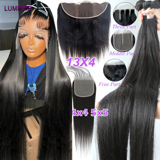 8-30 '' Wholesale Bone Straight Human Hair Bundle With Closure Frontal HD Transparent Peruvian 100% Raw Virgin15A Hair Extension