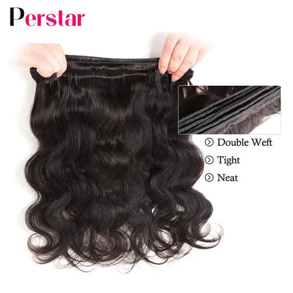 Perstar Human Hair Bundles With Closure Brazilian Body Wave Bundles With Closure Human Hair Weave Extensions 3/4 Bundles Remy