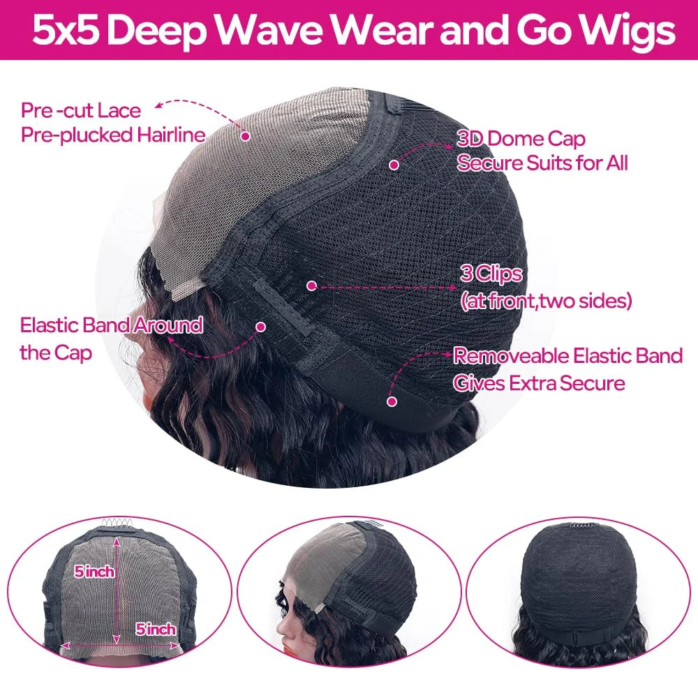 5x5 Glueless Deep Wave Ready to Wear Lace Clousure Wig Human Hair Pre Plucked 6x4 Curly Brazilian Transparent Lace Frontal Wigs
