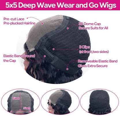 5x5 Glueless Deep Wave Ready to Wear Lace Clousure Wig Human Hair Pre Plucked 6x4 Curly Brazilian Transparent Lace Frontal Wigs